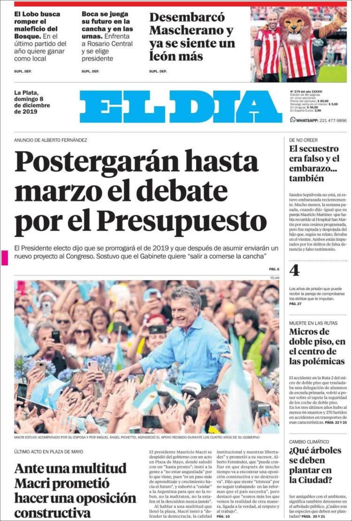 Tapas de diarios, El Día, domingo 8 de diciembre de 2019