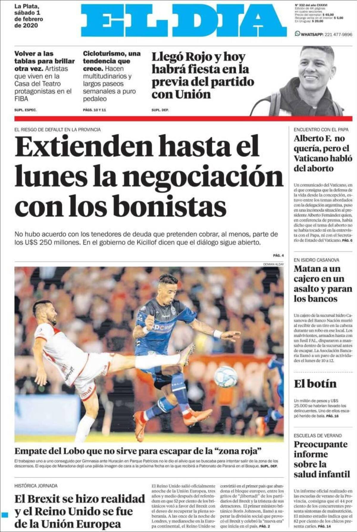 Tapas de diarios, El Día, sábado 1 de febrero de 2020