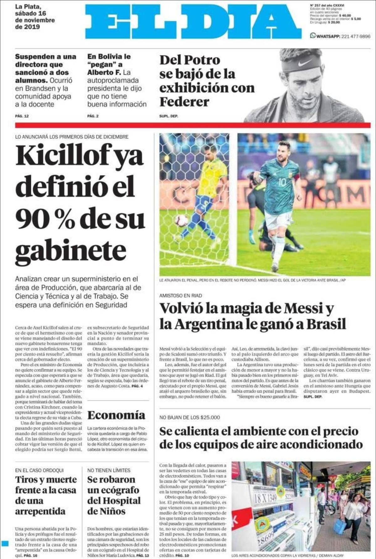 Tapas de diarios, El Día, sábado 16 de noviembre de 2019