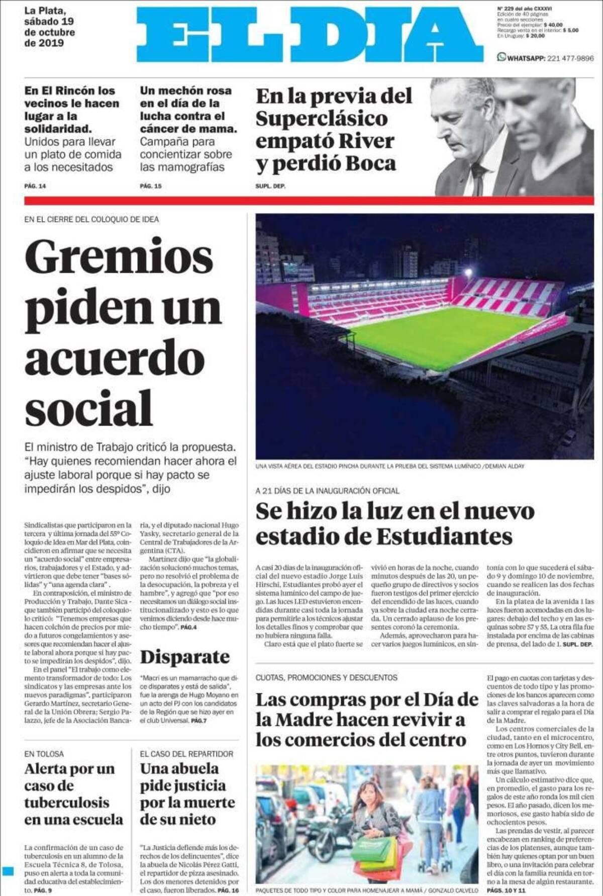 Tapas de diarios, El Día, Sábado 19-10-19