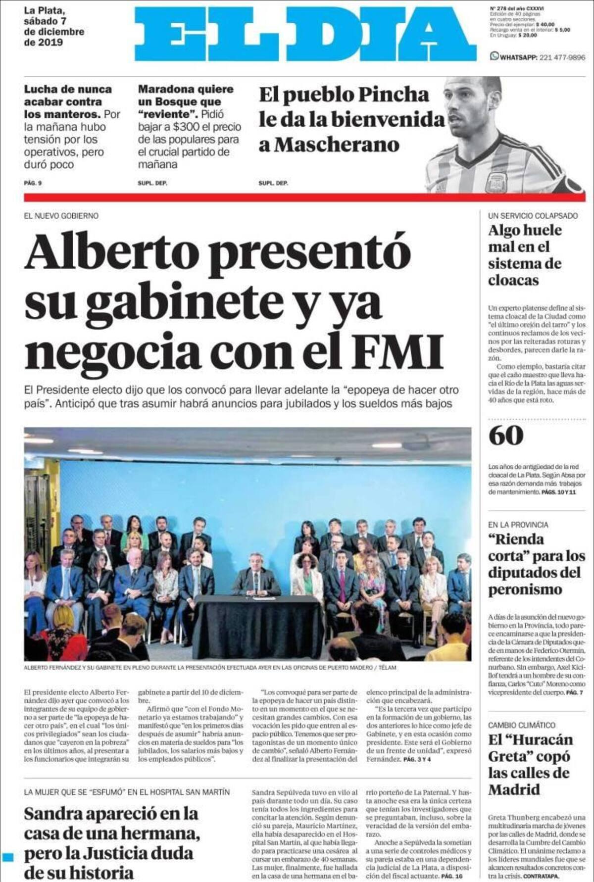 Tapas de diarios, El Día, sábado 7 de diciembre de 2019