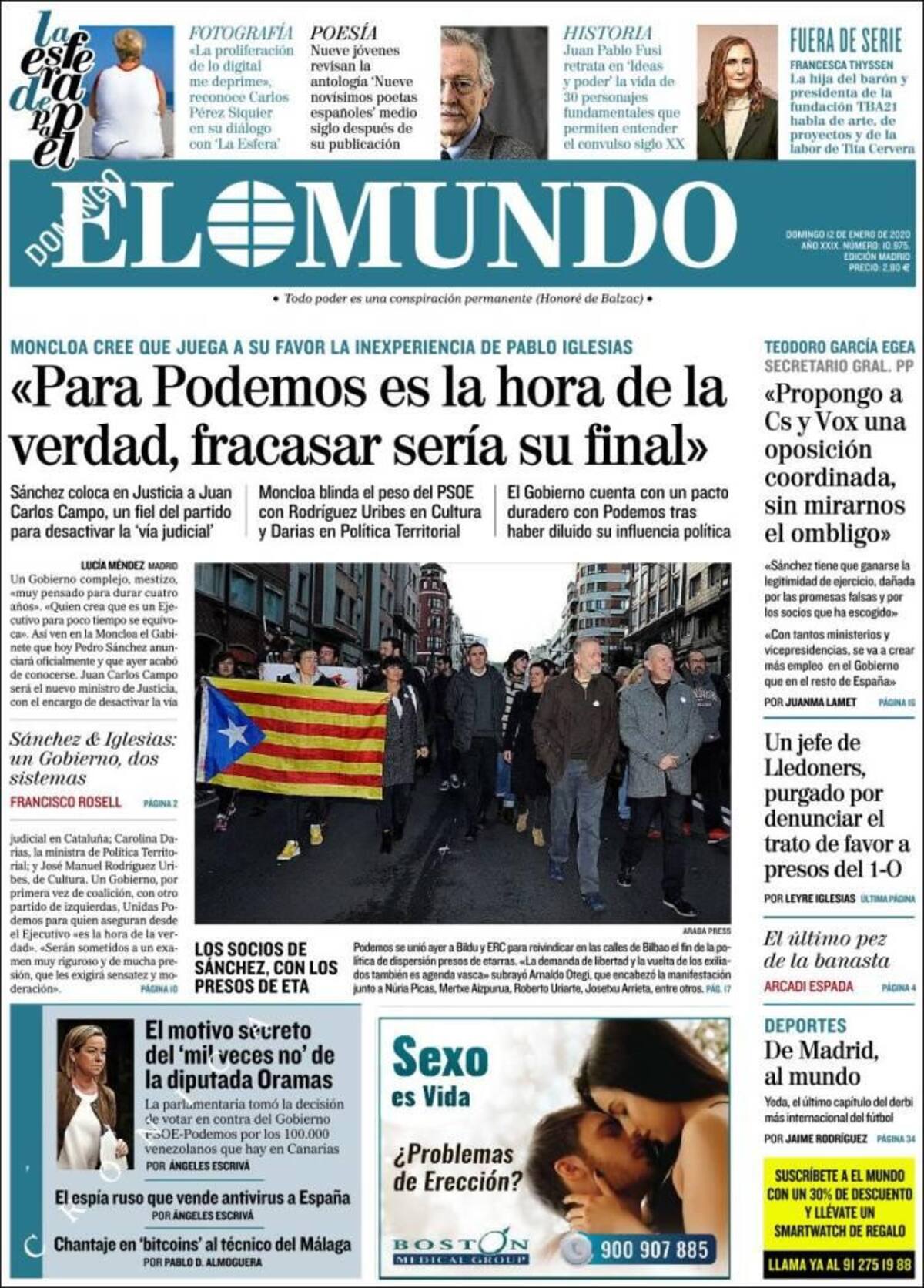 Tapas de diarios, El Mundo, domingo 12 de enero de 2020