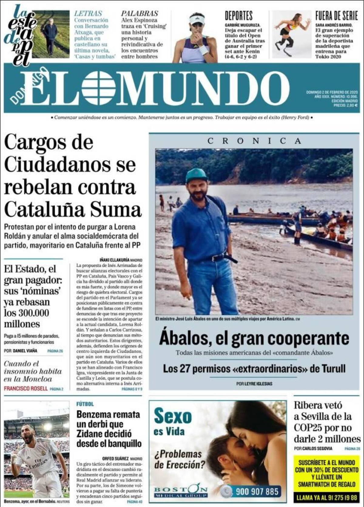Tapas de diarios, El Mundo, domingo 2 de febrero de 2020