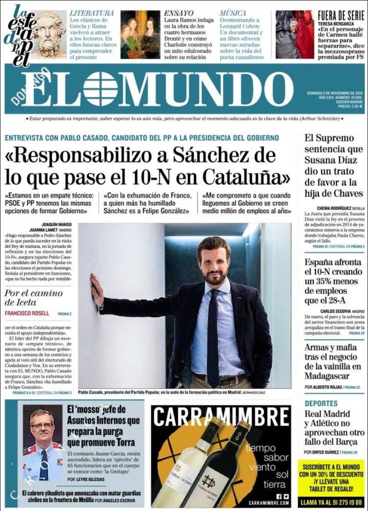 Tapas de diarios, El Mundo, domingo 3-11-19