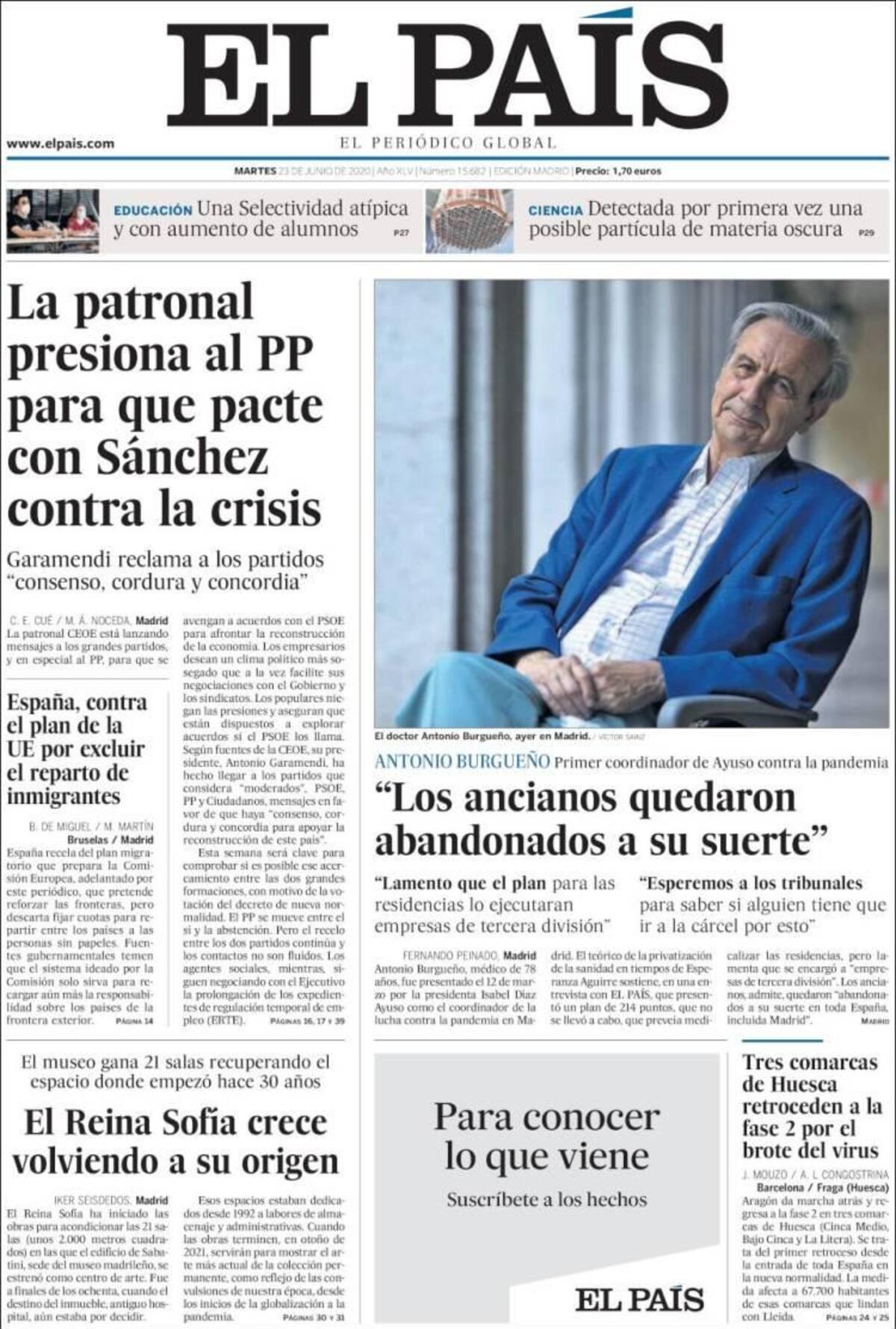 Tapas de diarios, El Pais de España, martes 23 de junio de 2020