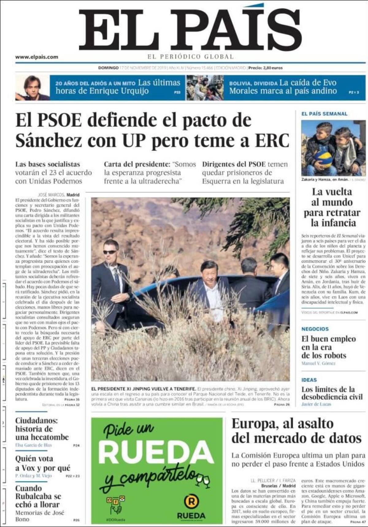 Tapas de diarios, El País, domingo 17 de noviembre de 2019