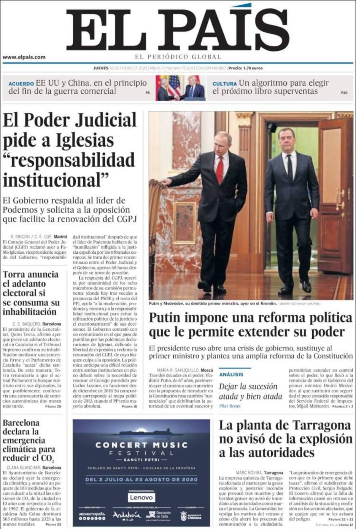Tapas de diarios, El País, jueves 16 de enero de 2020