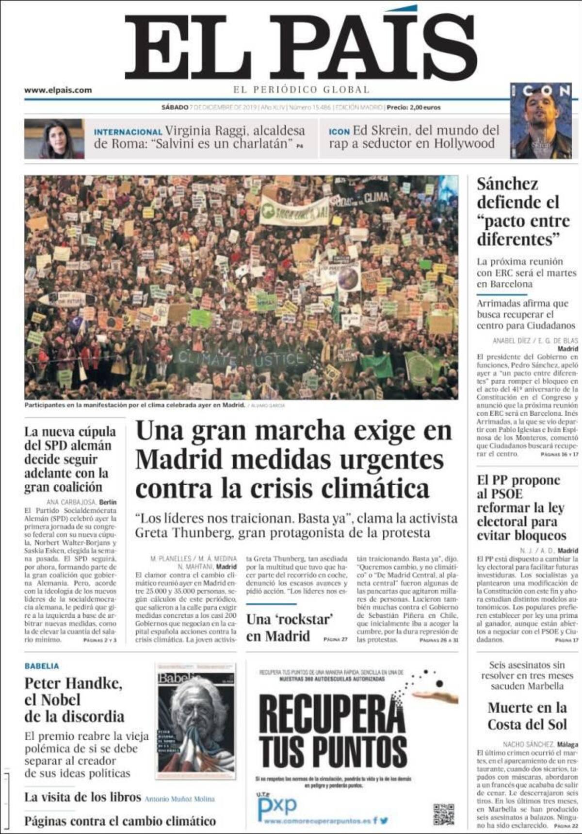 Tapas de diarios, El País, sábado 7 de diciembre de 2019