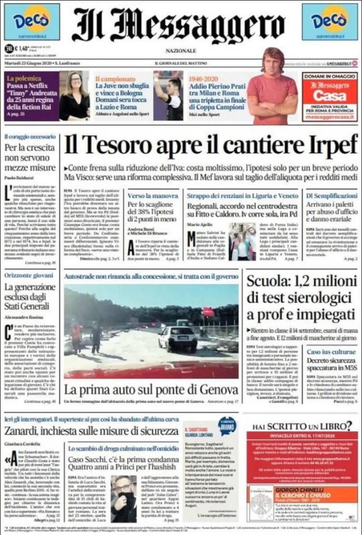 Tapas de diarios, Il Messaggero de Italia, martes 23 de junio de 2020