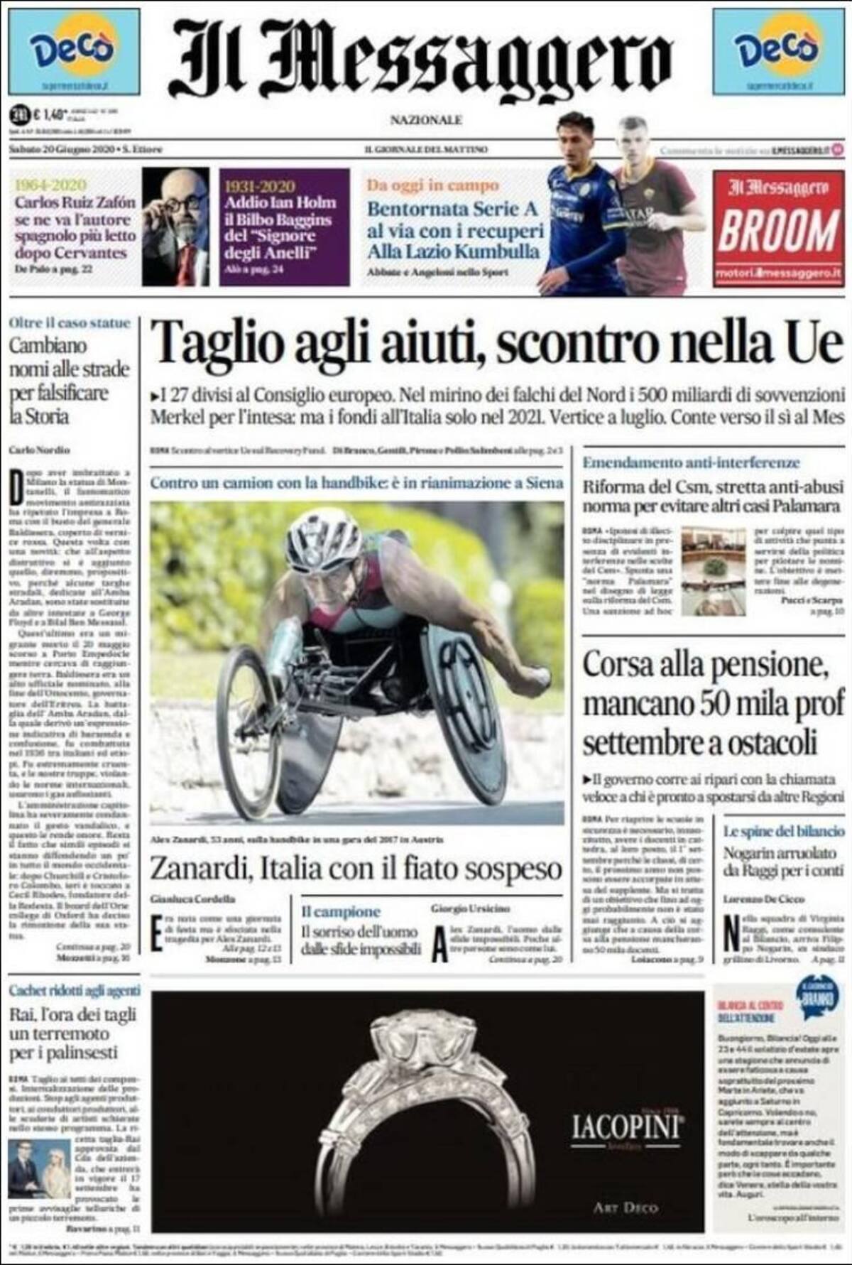 Tapas de diarios, Il Messaggero de Italia, sábado 20 de junio de 2020