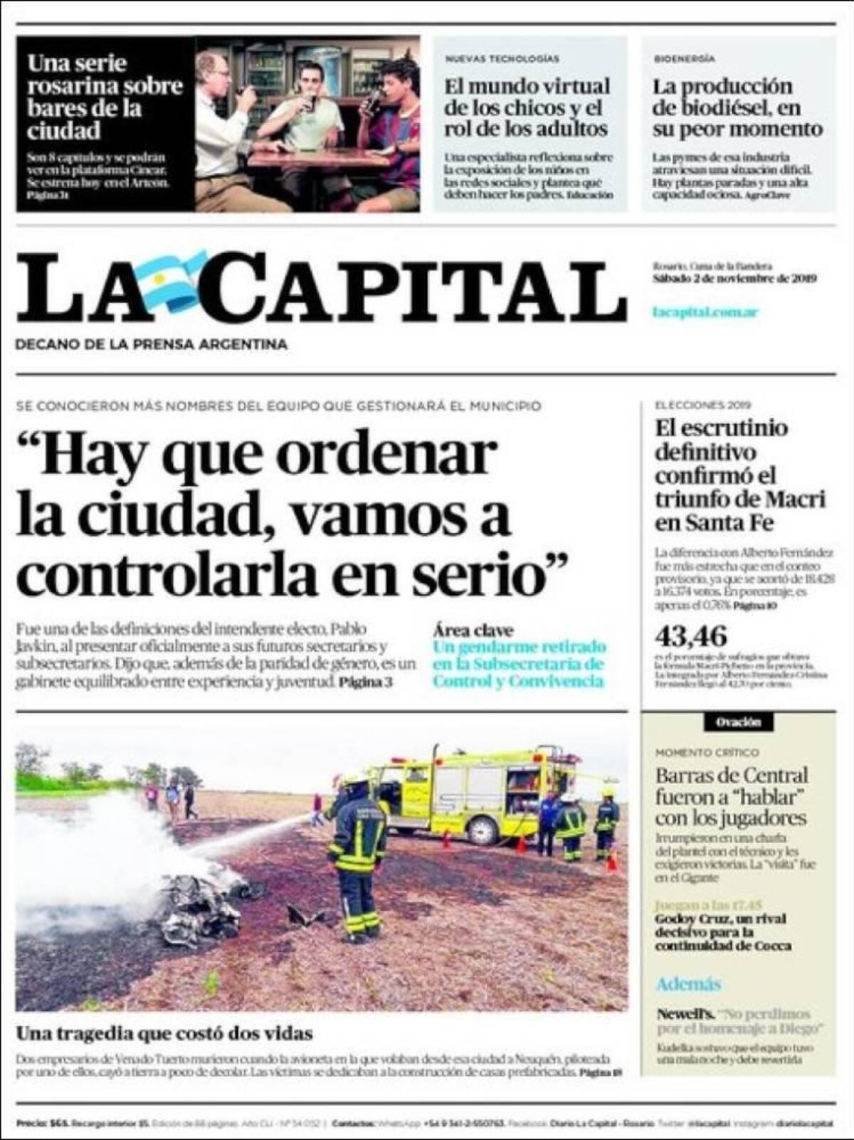 Tapas de diarios, La Capital, sábado 02-11-19