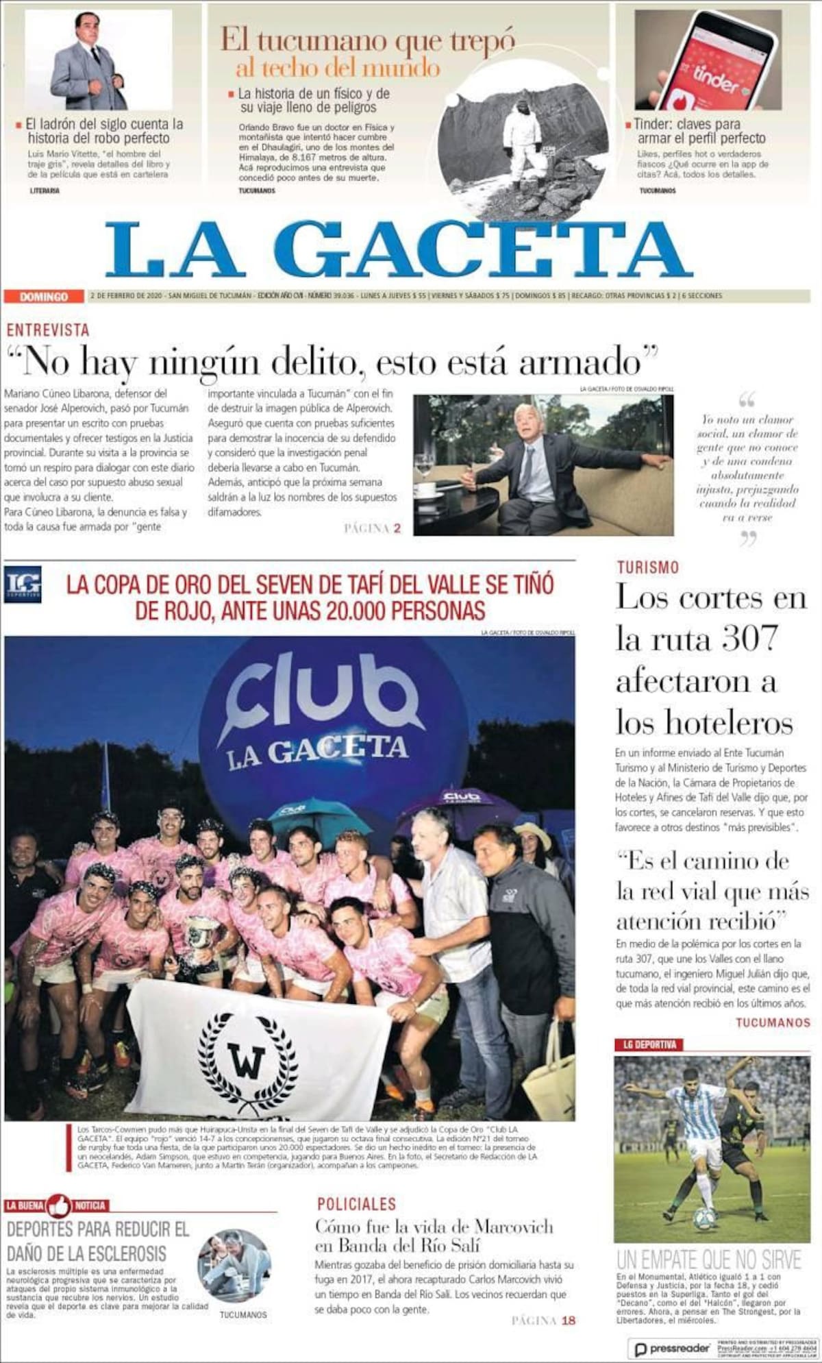 Tapas de diarios, La Gaceta, domingo 2 de febrero de 2020