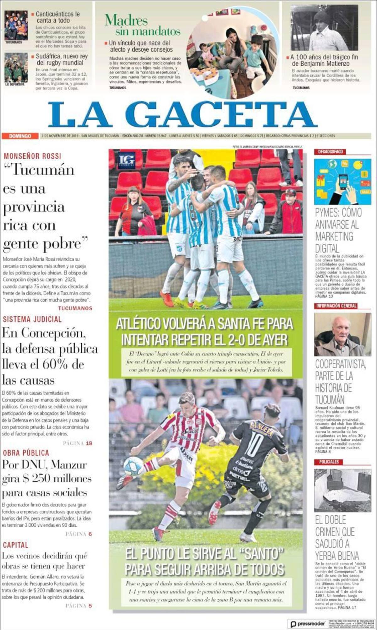 Tapas de diarios, La Gaceta, domingo 3-11-19