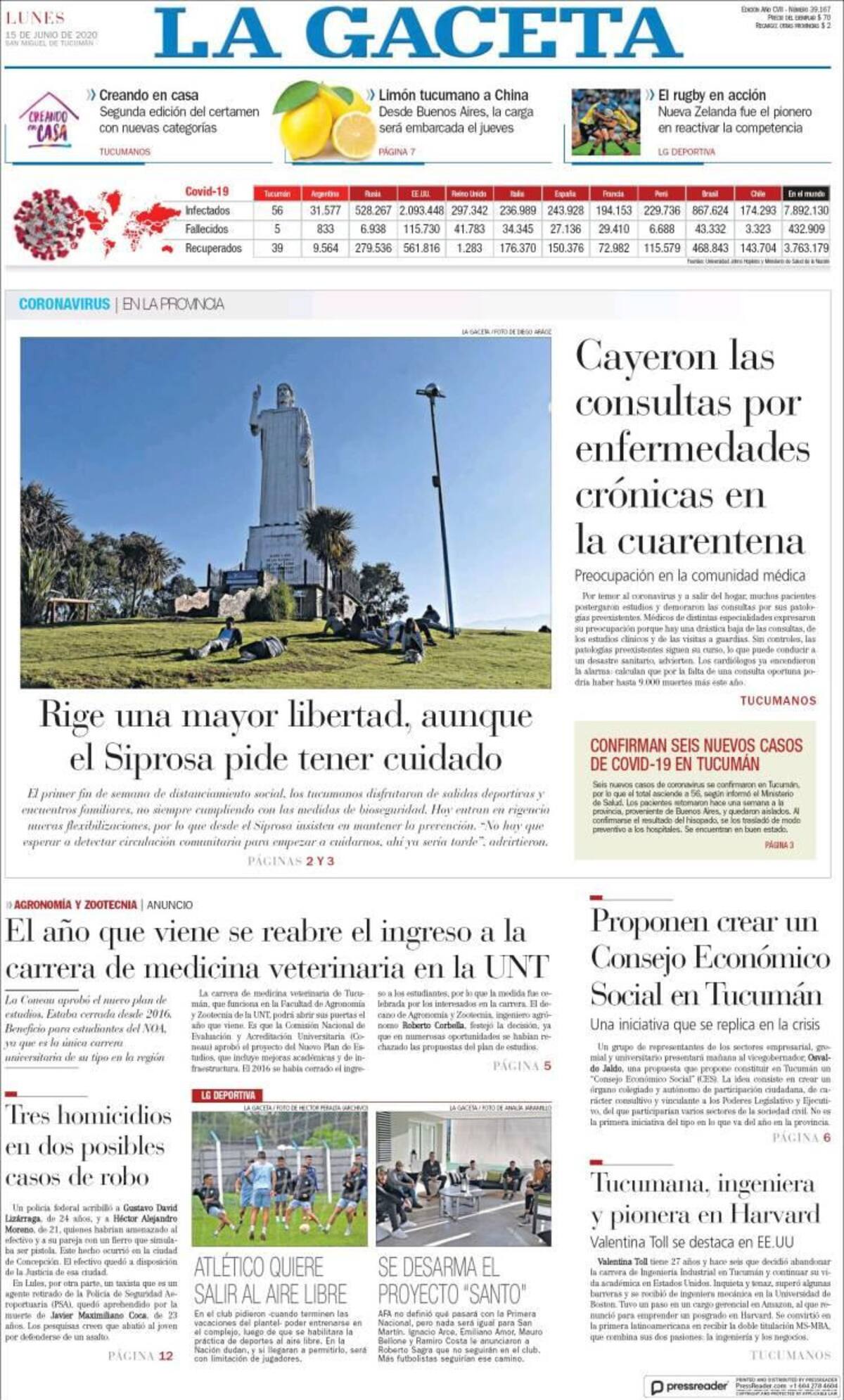 Tapas de diarios, La Gaceta, lunes 15 de junio de 2020