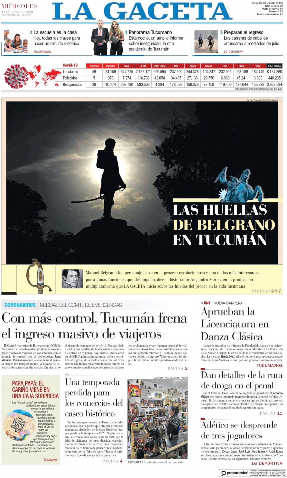 Tapas de diarios, La Gaceta, miércoles 17 de junio de 2020