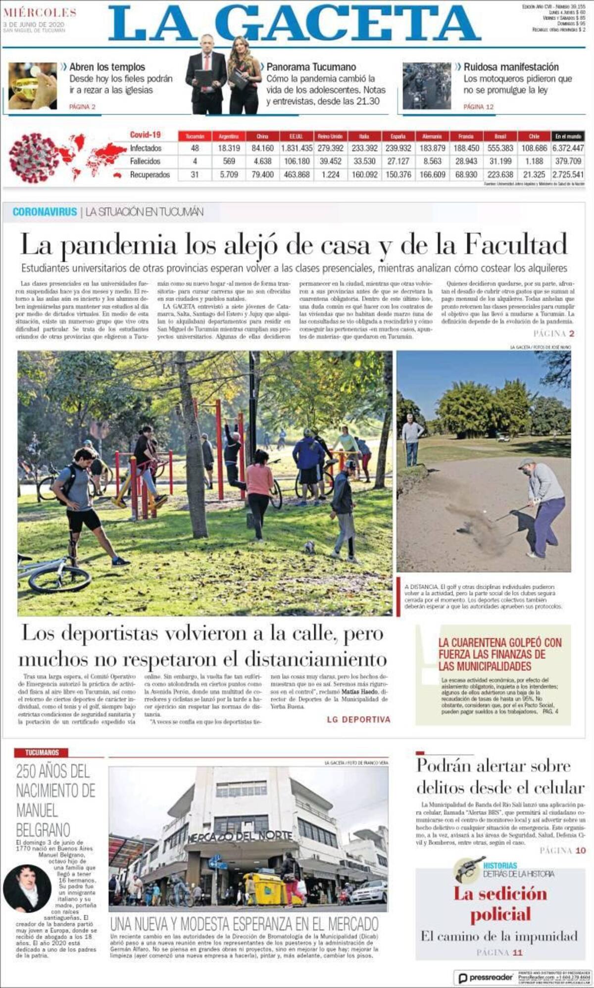 Tapas de diarios, La gaceta, miercoles 3 de junio de 2020