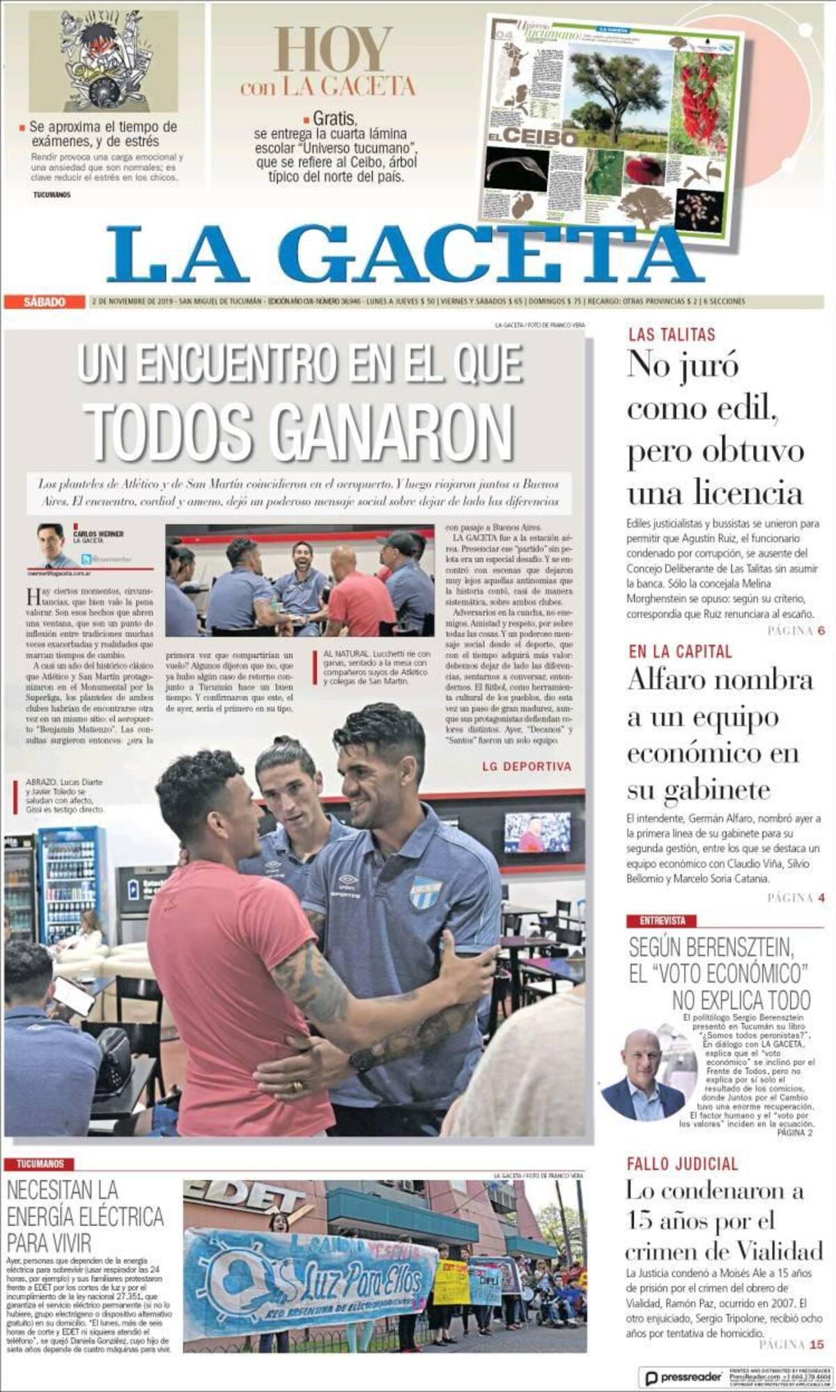 Tapas de diarios, La Gaceta, sábado 02-11-19