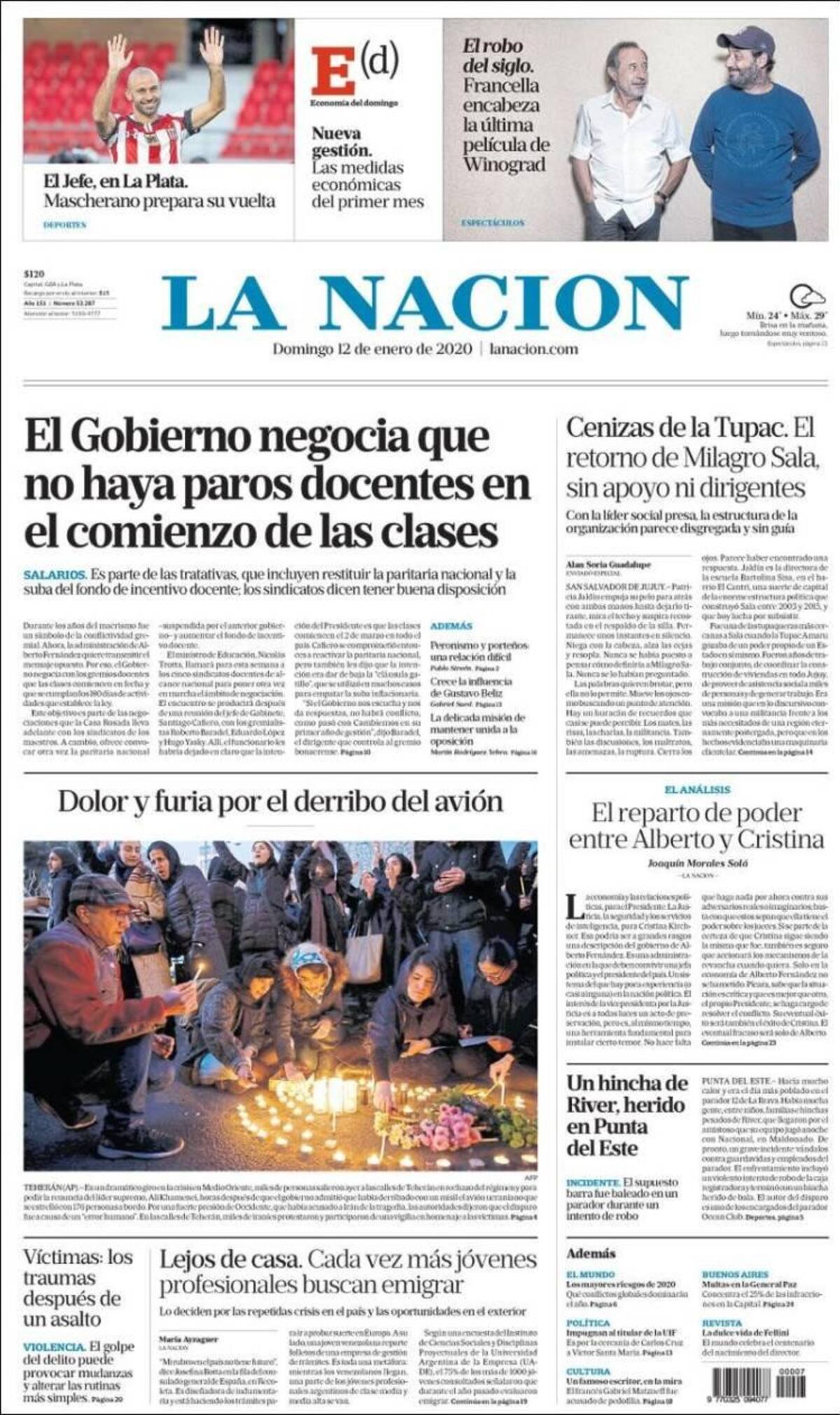 Tapas de diarios, La Nación, domingo 12 de enero de 2020