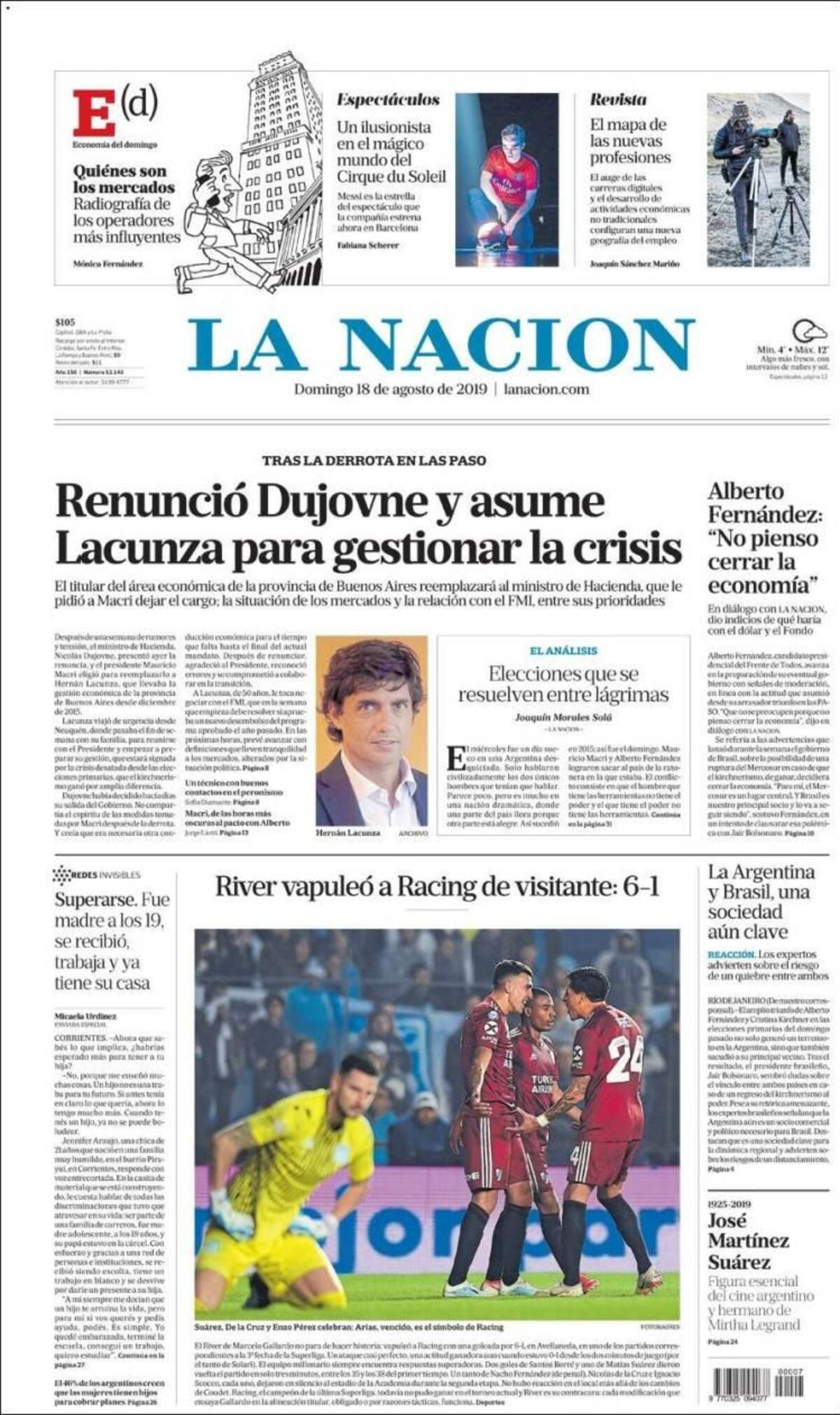 Tapas de diarios, La Nación, domingo 18-08-19