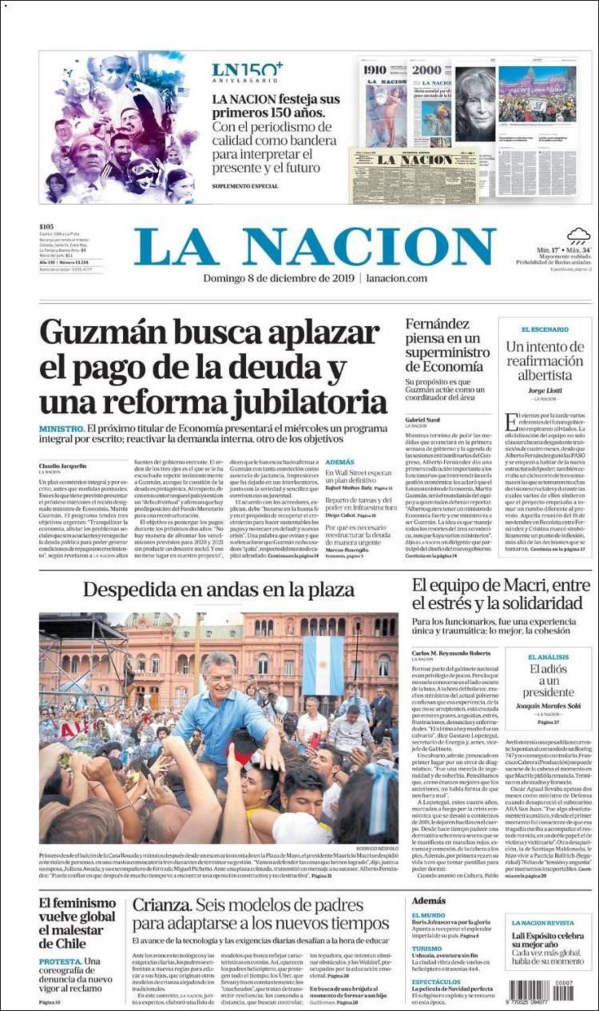 Tapas de diarios, La Nación, domingo 8 de diciembre de 2019