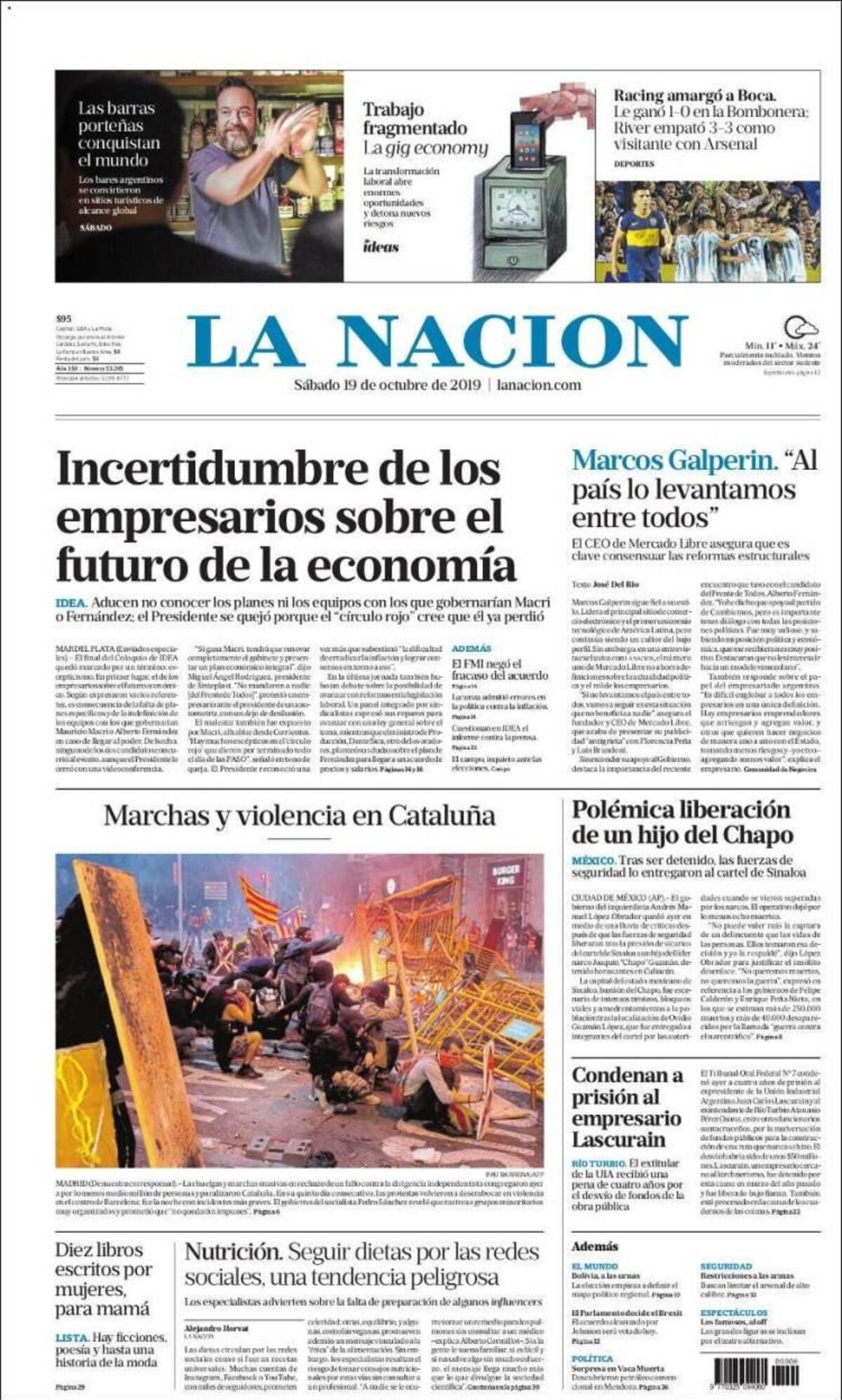 Tapas de diarios, La Nación, Sábado 19-10-19