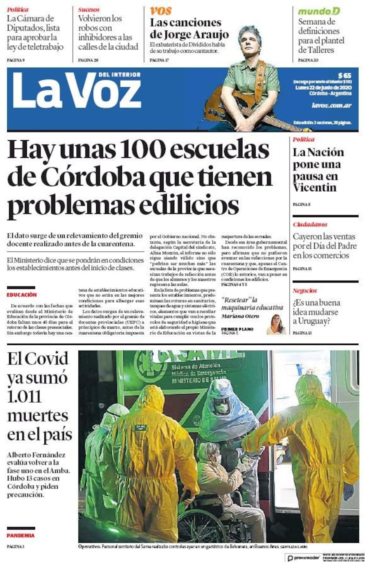 Tapas de diarios, La Voz del Interior, lunes 22 de junio de 2020