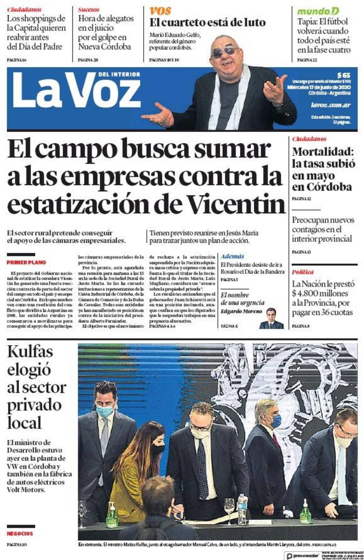 Tapas de diarios, La Voz del Interior, miércoles 17 de junio de 2020