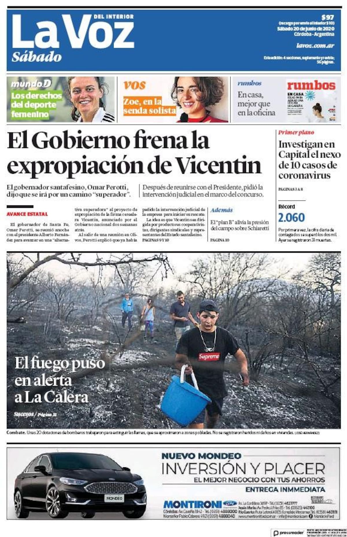 Tapas de diarios, La Voz del Interior, sábado 20 de junio de 2020