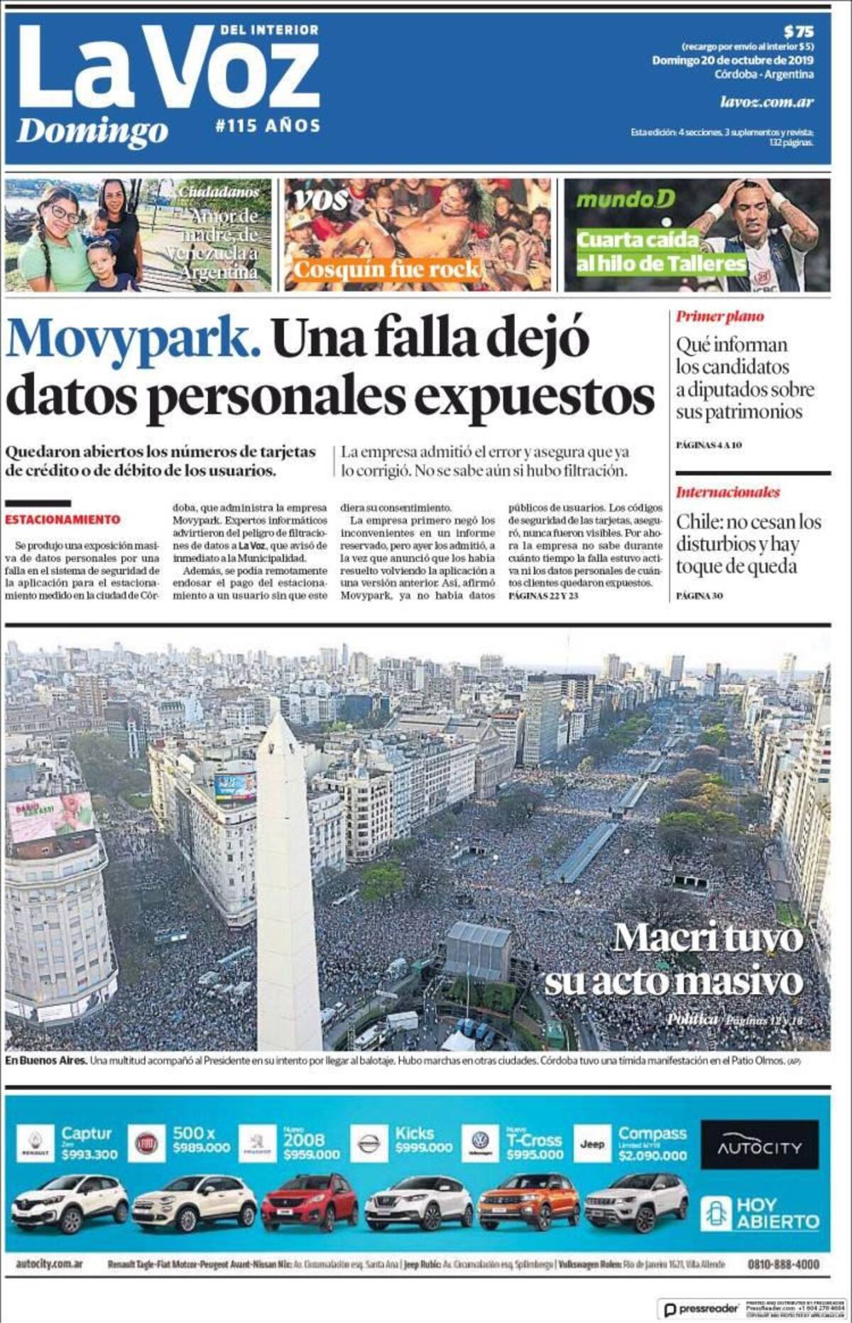 Tapas de Diarios, La Voz, Domingo 20-10-19