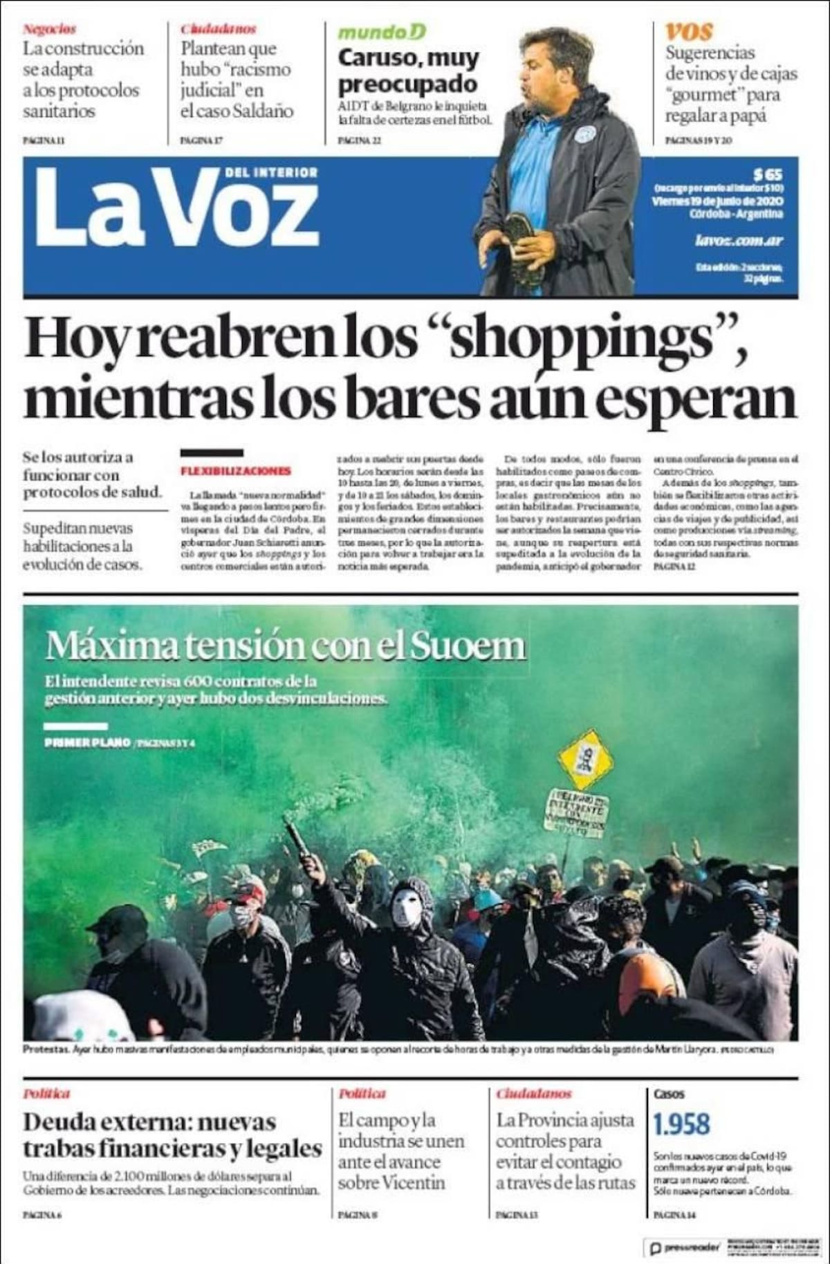 Tapas de diarios, La Voz, viernes 19 de junio de 2020