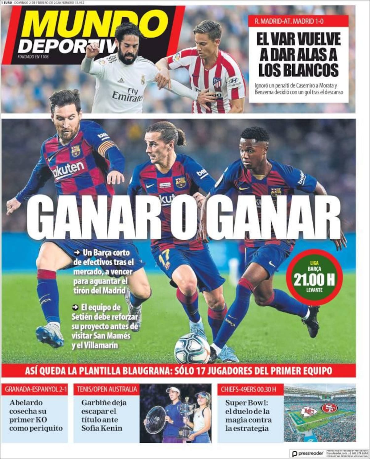 Tapas de diarios, Mundo Deportivo, domingo 2 de febrero de 2020
