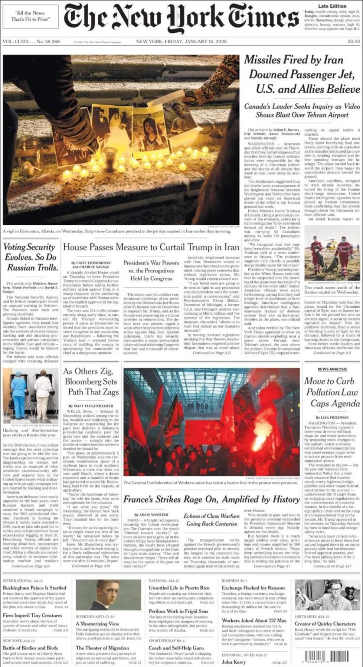 Tapas de diarios, New York Times, viernes 10 de enero de 2020