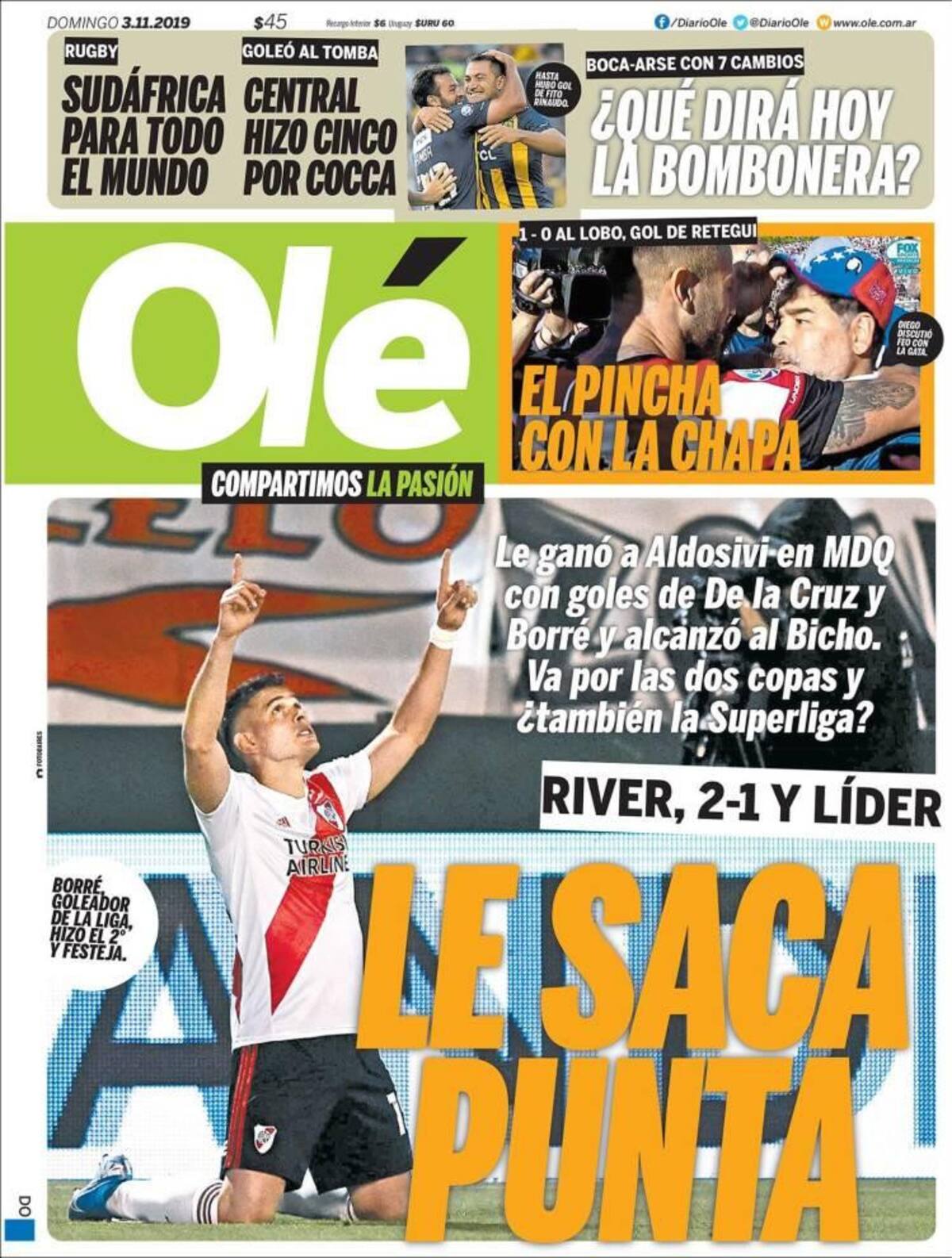 Tapas de diarios, Olé, domingo 3-11-19