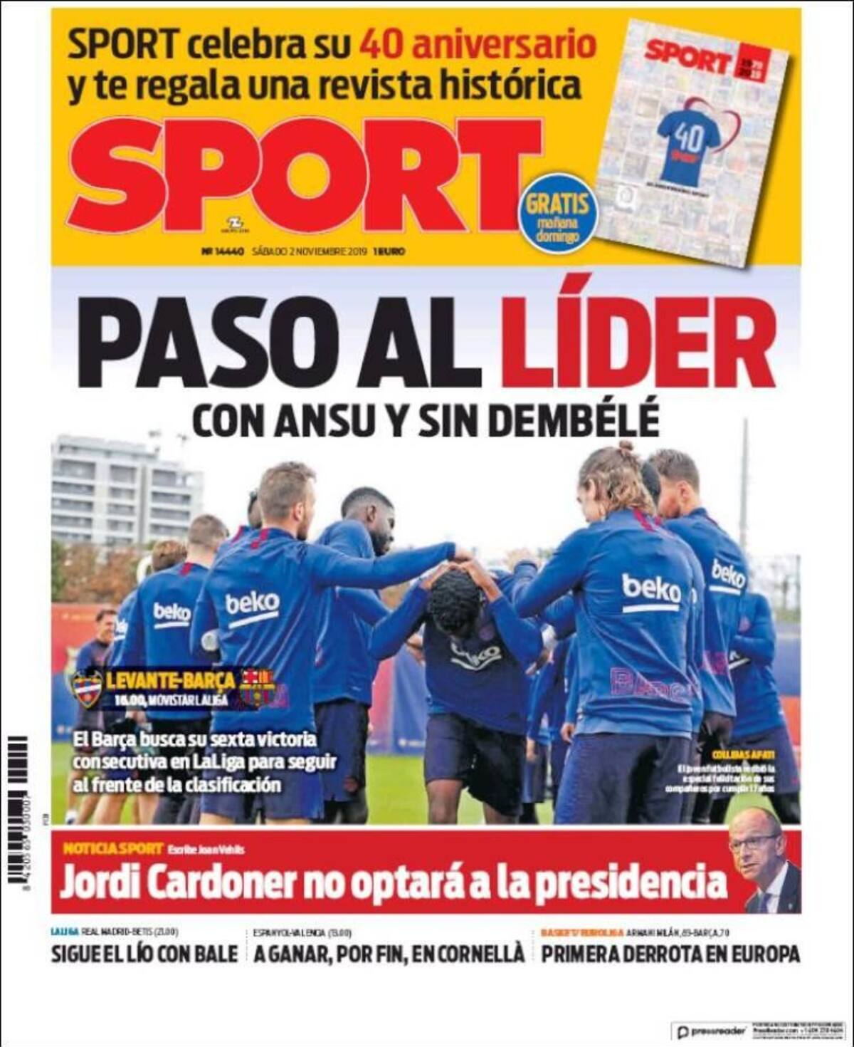 Tapas de diarios, Sport, sábado 02-11-19