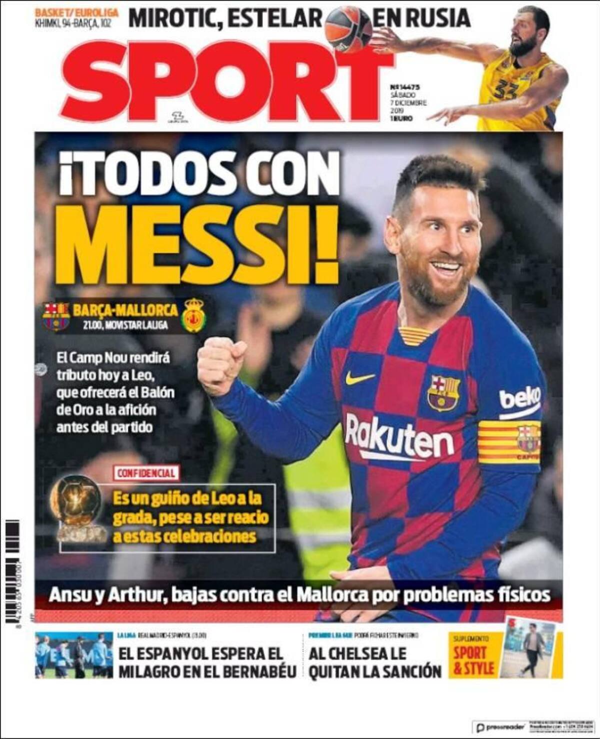 Tapas de diarios, Sport, sábado 7 de diciembre de 2019