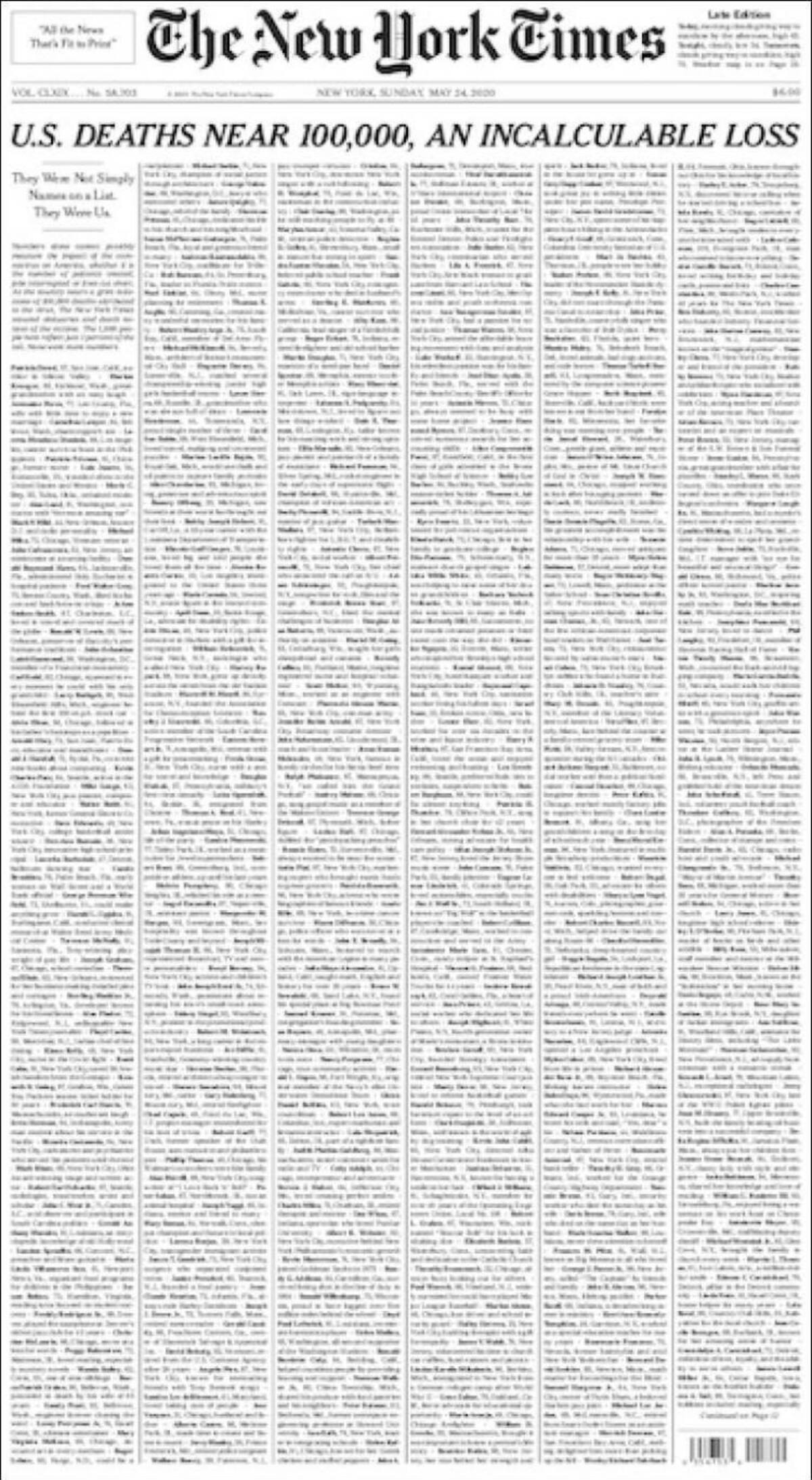 Tapas de diarios, The New York Times, domingo 24 de mayo de 2020