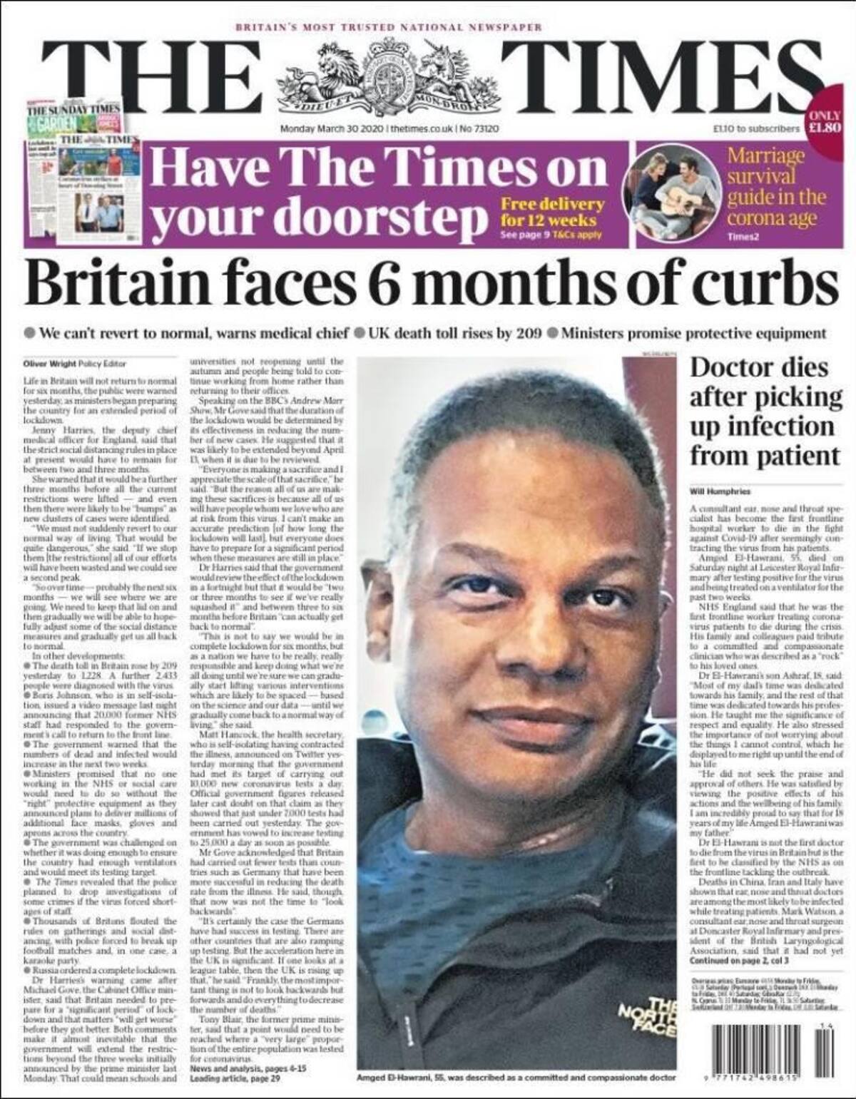 Tapas de diarios, Times, lunes 30 de marzo de 2020