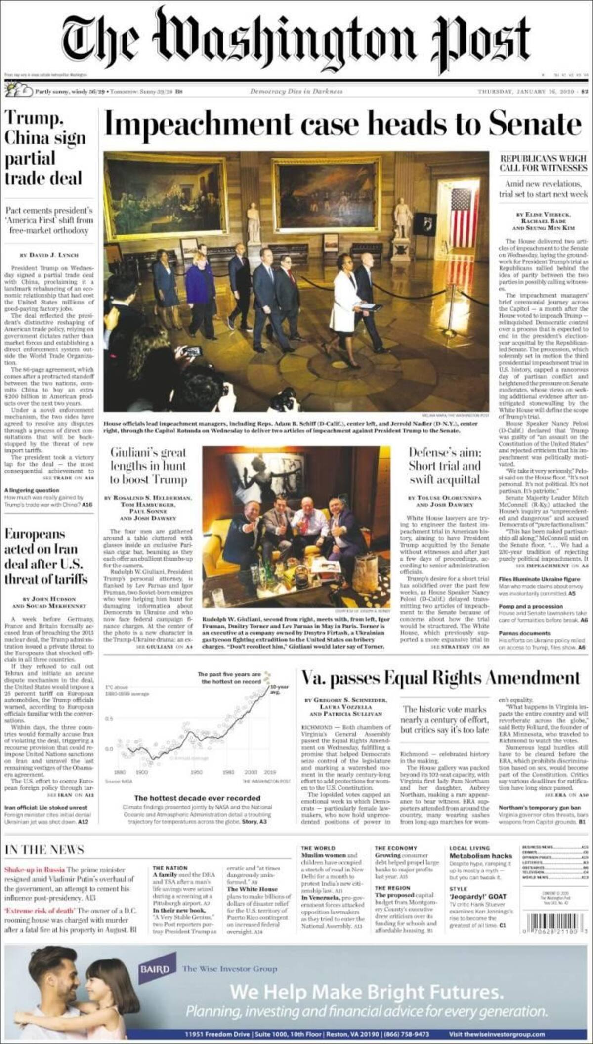 Tapas de diarios, Washington Post, jueves 16 de enero de 2020