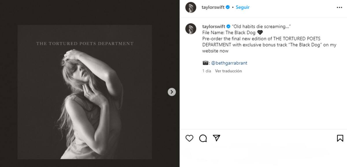 Taylor Swift compartió un fragmento de la letra de "The Black Dog" en sus redes sociales.