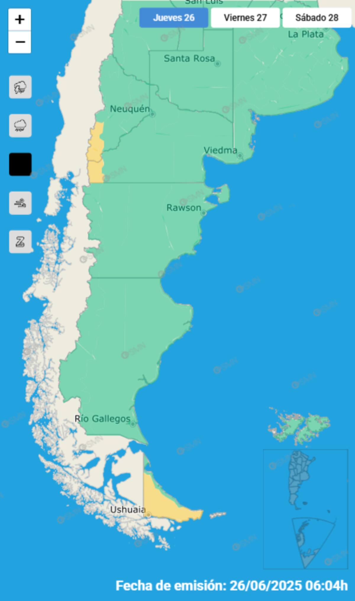Tres provincias bajo alerta amarillo por nevadas.