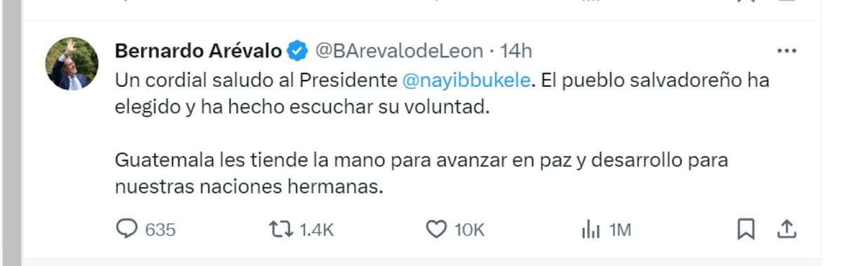 Tuit de Arévalo de León, presidente de Guatemala. Foto: captura.