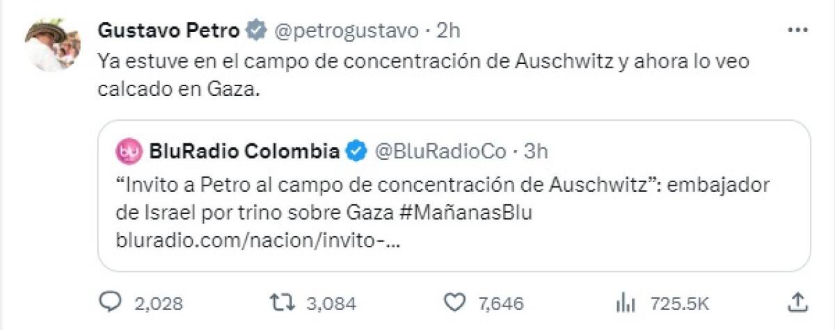Tuit de Gustavo Petro por Medio Oriente. Foto: captura.