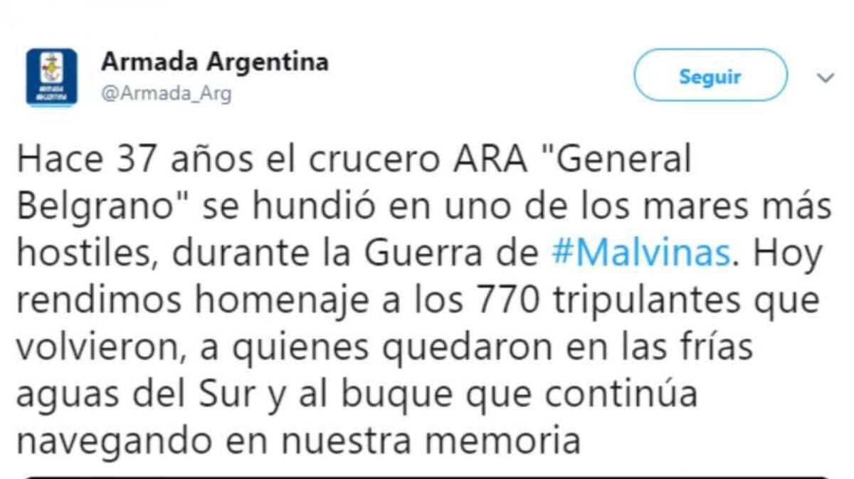 Tuit de la Armada Argentina sobre hundimiento del ARA General Belgrano