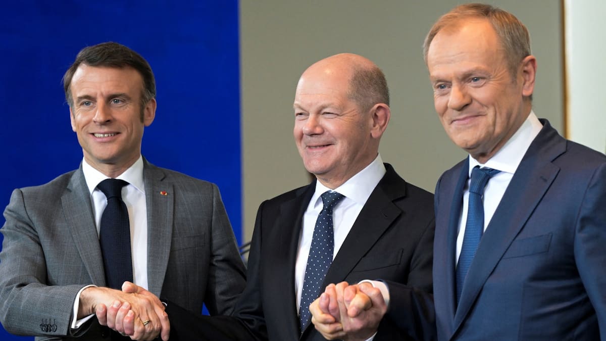 Tusk, Macron y Scholz en Berlín. Foto: Reuters