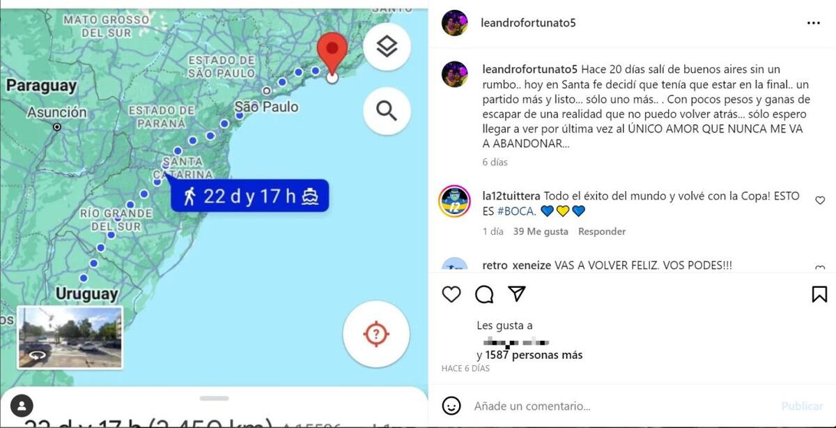Un hincha de Boca viaja a pie para ver la final de la Libertadores. Foto: captura de pantalla.