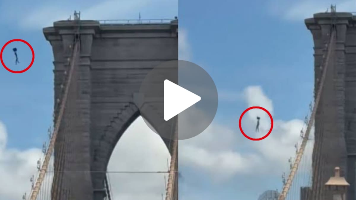 Impactante video: un hombre se tiró desnudo desde el puente de Brooklyn con una mochila en la cabeza y sobrevivió