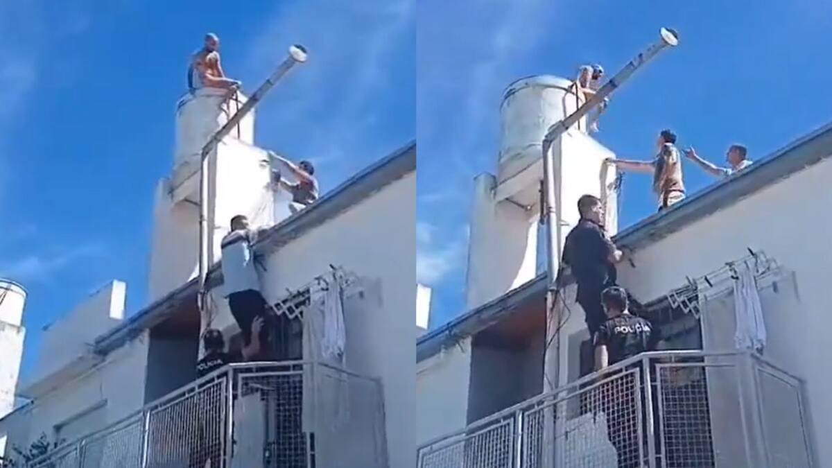 Un hombre tuvo que ser rescatado tras subirse a un tanque de agua. Foto: captura video.