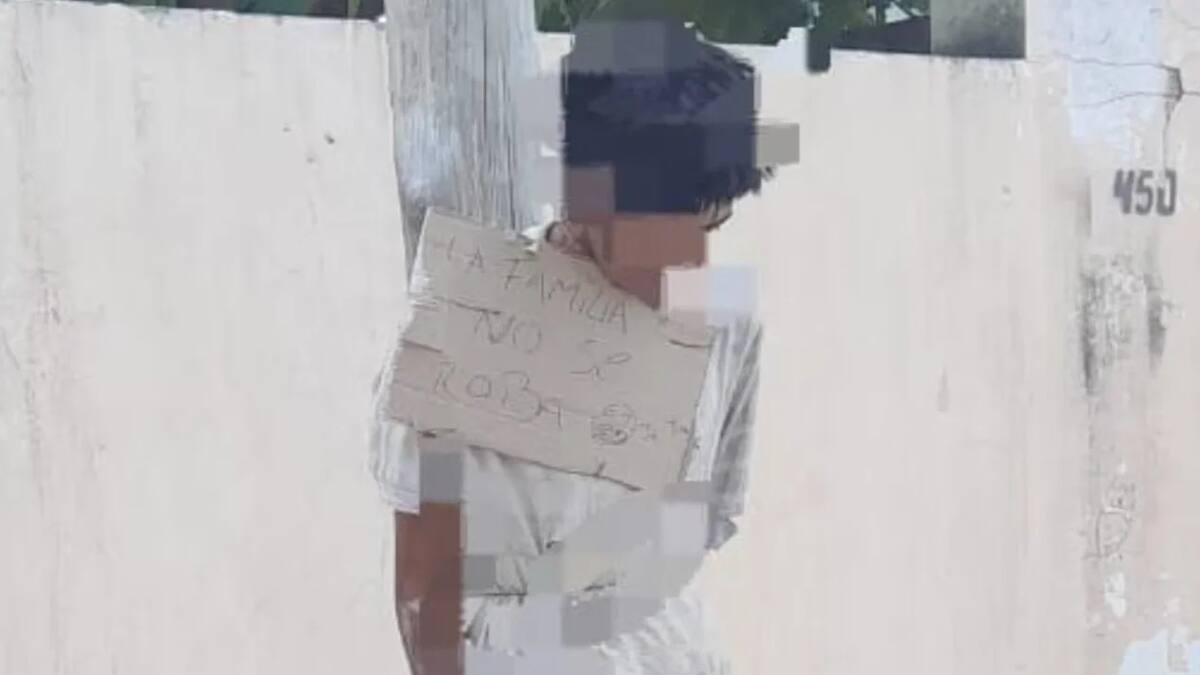 Un joven apareció atado a un poste con un cartel que decía "la familia no se roba". Foto: NA.