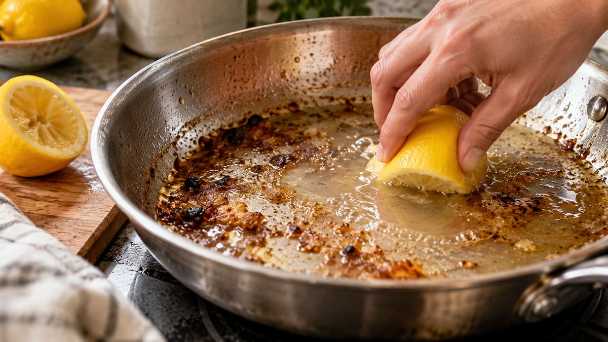 Mano utilizando un limón para limpiar una sartén.