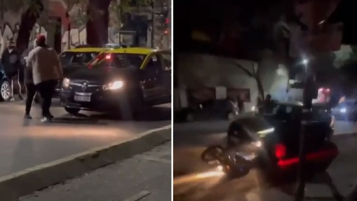 Video impactante: una feroz pelea entre taxistas en Palermo terminó con un motoquero atropellado
